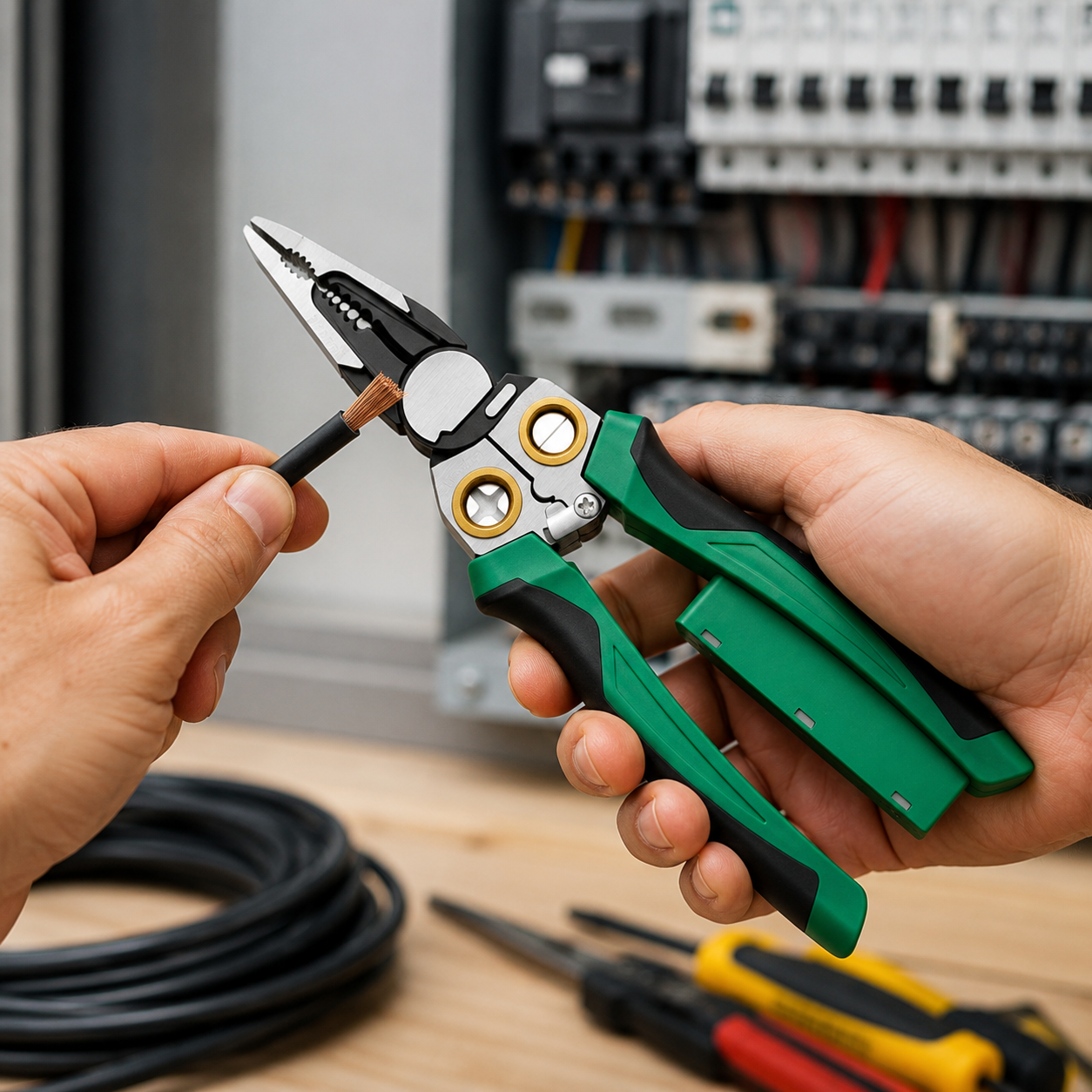 8-in-1 wire stripper removing insulation from electrical wire